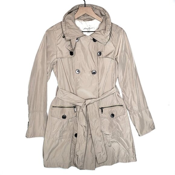 Eddie Bauer Lightweight Belted Peacoat Jacket XS Beige‎ Khaki Button - Picture 1 of 7